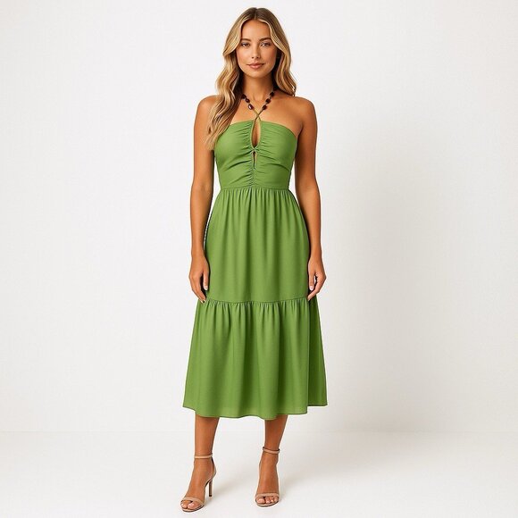1. State Dresses & Skirts - 1. State Womens Size 10 Green Boho Beaded Cut-Out Halter A-Line Midi Dress NWT